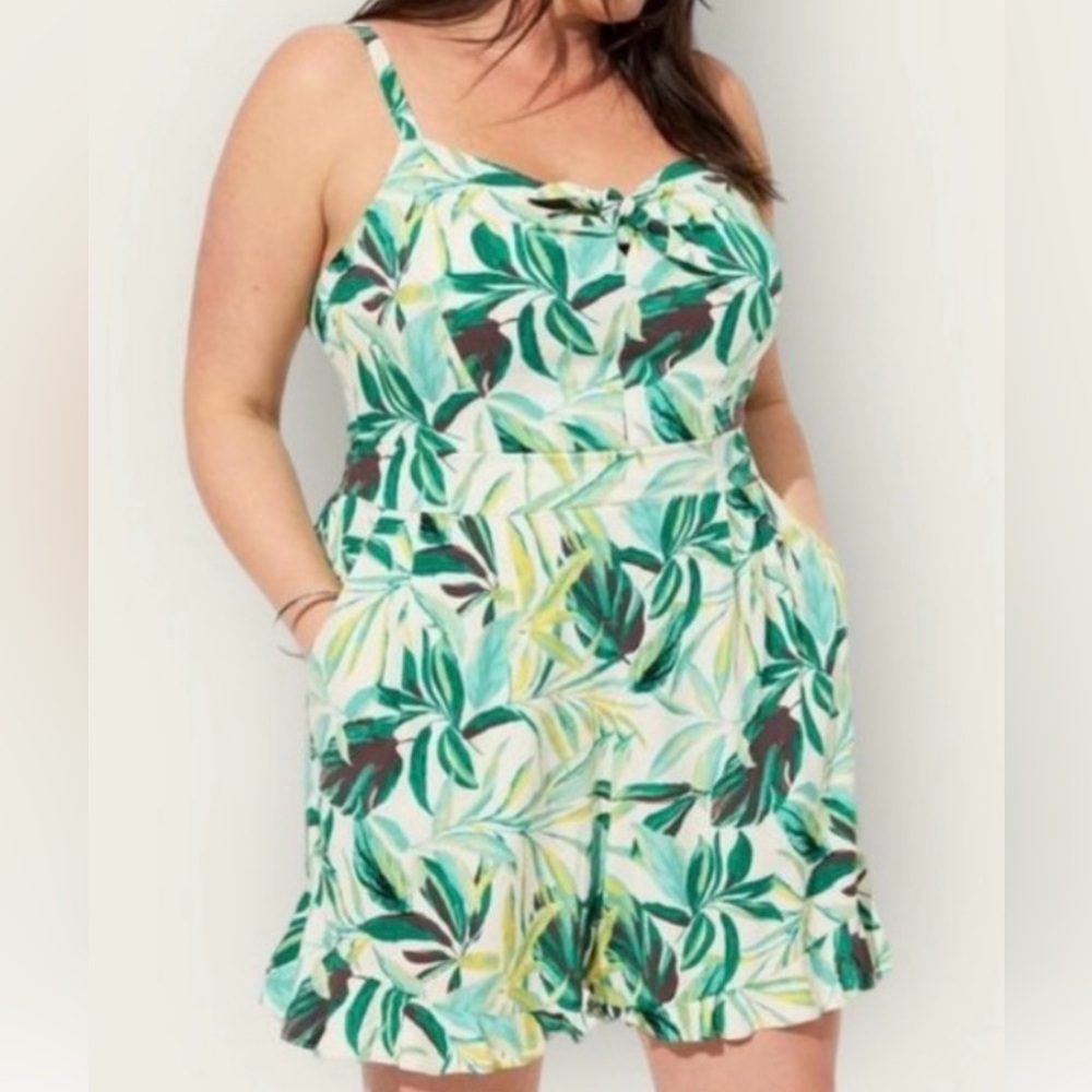 Tropical Leaf Print Green Romper with Adjustable Straps